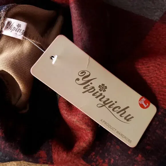 Yipinyichu Cowl Neck Dress Women Size L Multicolor Plaid Pockets Turtleneck - Picture 8 of 9